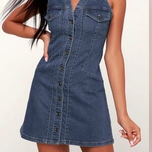 Free People Wandering Stars Blue Denim Button Front Mini Dress